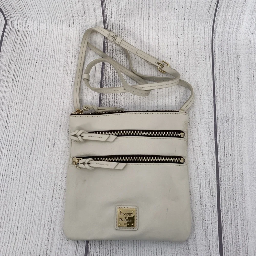 Dooney & Bourke Apollo Triple Zip Crossbody Bag Ivory Leather Adjustable Travel